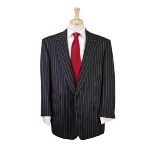 Edgar Pomeroy Custom Tailored Black Bold Pinstripe 2-Btn Wool Suit 46R